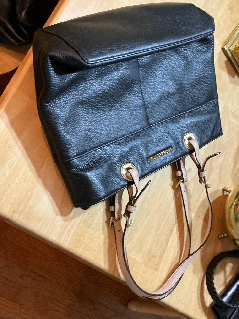 Michael Kors Black Pebbled Leather Shoulder Bag with Tan Straps